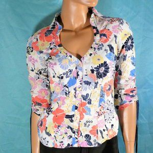 Guess button floral cotton blouse, heart neckline, 3/4 draw string sleeves XS